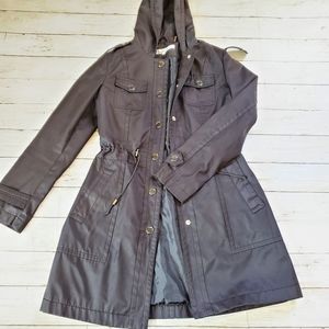 Kenneth cole new york hooded black mid length coat jacket cinched size‎ small